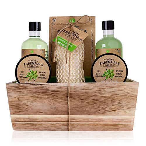 Accentra - set de ducha set de regalo para mujer OLIVE en una cesta de madera - set de cuidado de 6 piezas con gel de ducha, baño de burbujas, sales de baño, loción corporal y más, bienestar