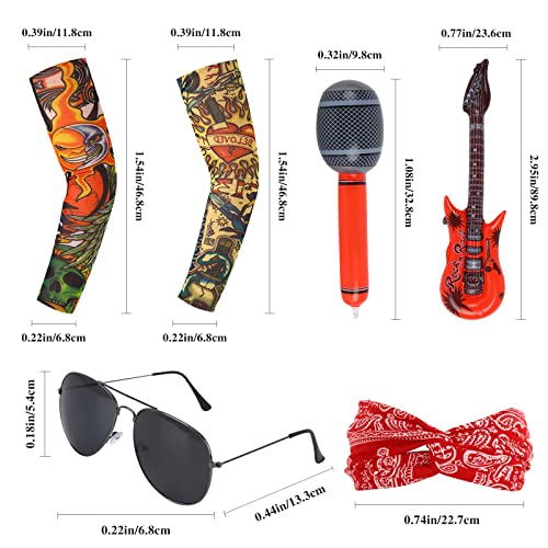 Accesorios de Disfraz de Rocker Los 70 80 90 Disfraz de Rocker Metal Pesado Discoteca Diadema Vintage Roja Tatuaje Mangas Brazo Sol Gafas Hinchable Guitarra Micrófono Punk Cosplay Traje Hombre Mujer