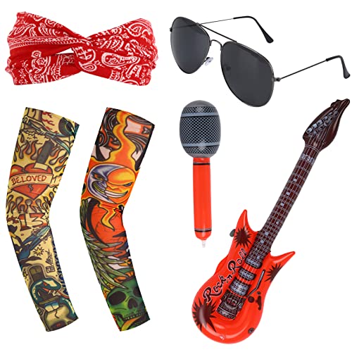 Accesorios de Disfraz de Rocker Los 70 80 90 Disfraz de Rocker Metal Pesado Discoteca Diadema Vintage Roja Tatuaje Mangas Brazo Sol Gafas Hinchable Guitarra Micrófono Punk Cosplay Traje Hombre Mujer