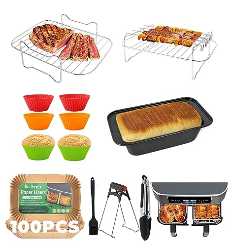 Accesorios para freidora de aire dual, Accesorios Air Fryer para Cecotec 9L, Ninja Foodi AF300E AF400EU,CHEFREE AFW20 8L. Accesorios Dual Airfryer, soporte para air fryer, forros para air fryer, etc.