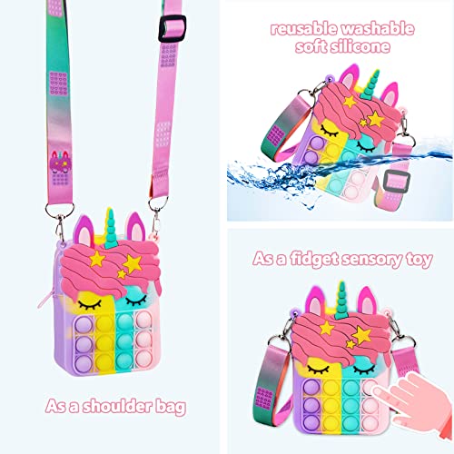 Accevo Pop Bubble Push It Bolsa de Hombro, 2 en 1 Unicornio Juguete Antiestrés y Ansiolítico, Fidget Sensory Toy Bag Simple Dimple Toy Bag con Bandolera de Longitud Ajustable