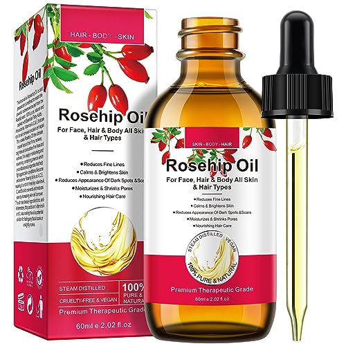 Aceite de Rosa Mosqueta, 60ML Natural Aceite Prensado en Frío Hidratante, Cuidado Natural del Cabello, Aclara Cicatrices, Reduce las Líneas Finas de la Cara, Apto para Cara, Cabello, Cuerpo