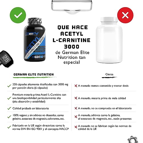 Acetil L-Carnitina 3000 con 250 cápsulas - 3000 mg por porción diaria - Premium: L-Carnitina en forma de acetilo - Altamente dosificada - Vegano