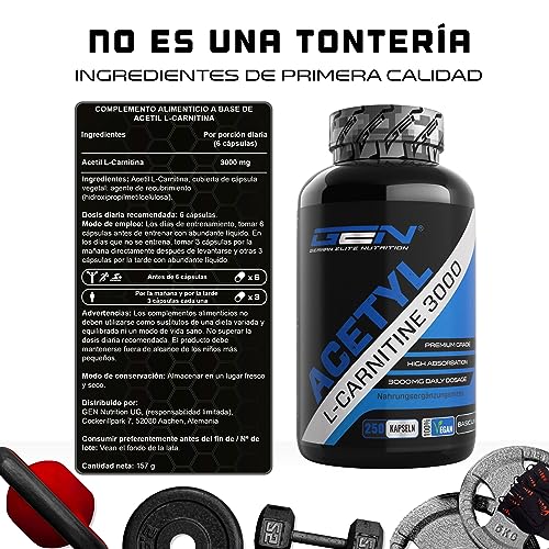 Acetil L-Carnitina 3000 con 250 cápsulas - 3000 mg por porción diaria - Premium: L-Carnitina en forma de acetilo - Altamente dosificada - Vegano