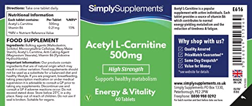 Acetil L-Carnitina 500mg - ¡Bote para 2 meses! - Apto para veganos - 60 Comprimidos - SimplySupplements