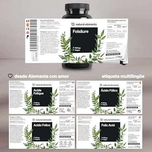 Ácido fólico – 400 comprimidos – 400 mcg por dosis diaria – fertilidad y embarazo – vegano, alta dosificación, sin aditivos innecesarios – producido y probado en laboratorio en Alemania