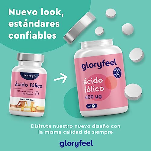 Ácido Fólico (Vitamina B9) 400mcg- 400 Tabletas veganas para +1 año - Vitaminas preconcepción y embarazo - Crecimiento del tejido materno - Sistema inmunológico normal y células sanguíneas