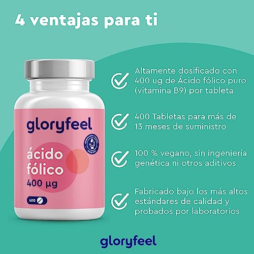 Ácido Fólico (Vitamina B9) 400mcg- 400 Tabletas veganas para +1 año - Vitaminas preconcepción y embarazo - Crecimiento del tejido materno - Sistema inmunológico normal y células sanguíneas