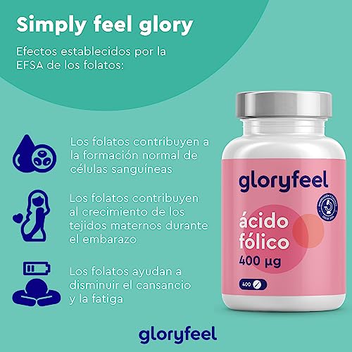 Ácido Fólico (Vitamina B9) 400mcg- 400 Tabletas veganas para +1 año - Vitaminas preconcepción y embarazo - Crecimiento del tejido materno - Sistema inmunológico normal y células sanguíneas