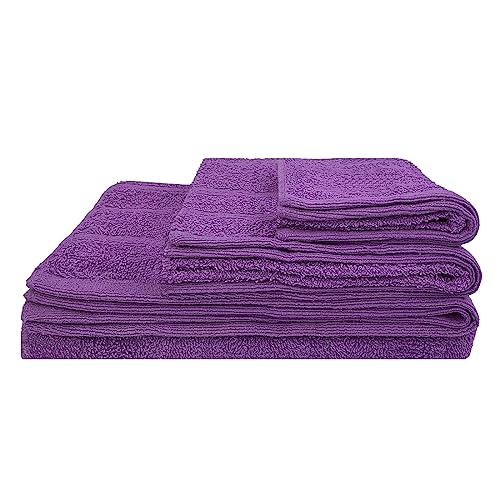 Acomoda Textil – Juego 3 Toallas de Baño 100 Algodón. Pack 3 Toalla Rizo con Cenefa 450 gr/m2, Toallas de Ducha, Lavado y Bidet Suave y Absorbente Pasa Aseo y Gimnasio. (Morado)