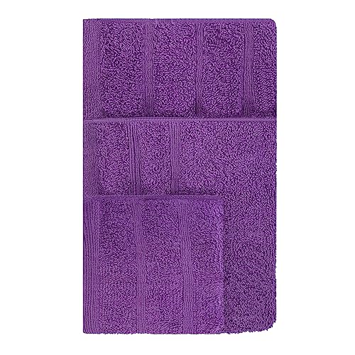 Acomoda Textil – Juego 3 Toallas de Baño 100 Algodón. Pack 3 Toalla Rizo con Cenefa 450 gr/m2, Toallas de Ducha, Lavado y Bidet Suave y Absorbente Pasa Aseo y Gimnasio. (Morado)