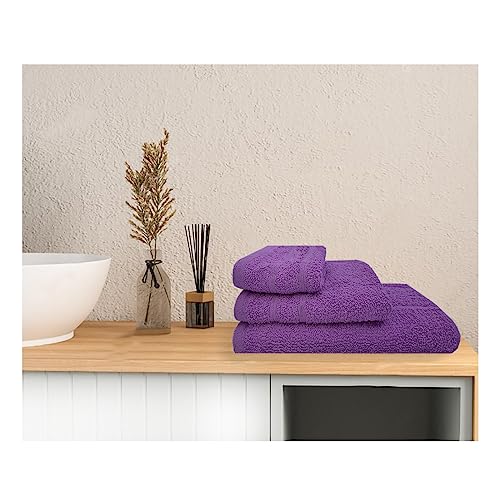 Acomoda Textil – Juego 3 Toallas de Baño 100 Algodón. Pack 3 Toalla Rizo con Cenefa 450 gr/m2, Toallas de Ducha, Lavado y Bidet Suave y Absorbente Pasa Aseo y Gimnasio. (Morado)