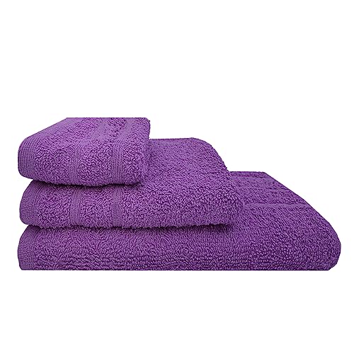 Acomoda Textil – Juego 3 Toallas de Baño 100 Algodón. Pack 3 Toalla Rizo con Cenefa 450 gr/m2, Toallas de Ducha, Lavado y Bidet Suave y Absorbente Pasa Aseo y Gimnasio. (Morado)