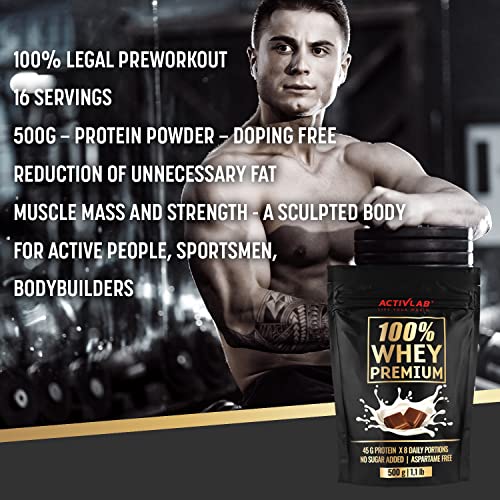 ACTIVLAB - 100% Whey Premium 500g, Proteína de Suero en Polvo, con BCAA, para el Desarrollo y Recuperación Muscular, Bajo en Azúcares, Sabor Chocolate, Contiene 16 Porciones.