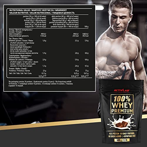 ACTIVLAB - 100% Whey Premium 500g, Proteína de Suero en Polvo, con BCAA, para el Desarrollo y Recuperación Muscular, Bajo en Azúcares, Sabor Chocolate, Contiene 16 Porciones.