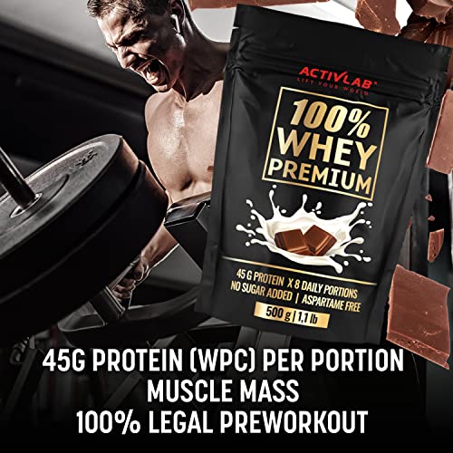 ACTIVLAB - 100% Whey Premium 500g, Proteína de Suero en Polvo, con BCAA, para el Desarrollo y Recuperación Muscular, Bajo en Azúcares, Sabor Chocolate, Contiene 16 Porciones.