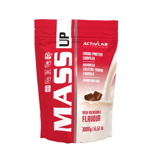 ACTIVLAB - MASS UP 3 Kg, Proteína Suero de Leche con Creatina y Taurina en Polvo, Sabor Chocolate, Incluye Taza Medidora, Suplemento Alimenticio para Deportistas