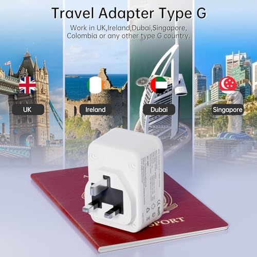 Adaptador Enchufe Ingles UK Inglaterra Adaptador de Viaje con 2USB y Tipo C, Español 2 Patas Europa hacia 3 Patas Reino Unido RU para Irlanda Escocia Britanico Maldivas（Tipo G） Blanco