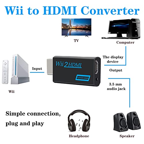 Adaptador Wii hdmi, Convertidor Wii A Hdmi, Adaptador Convertidor HD 1080p/720p con Audio De 3,5 Mm Y Salida Hdmi + Cable Hdmi De 1,5 M para Monitor Wii, TV, Proyector (Negro)