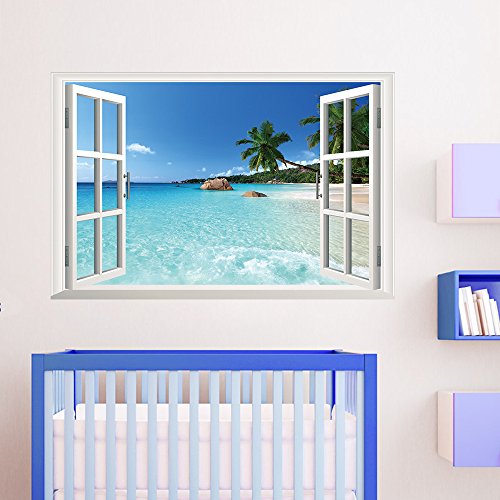 Adhesivo de vinilo para pared, mural ventana 3D de paisaje de playa para decoración del hogar