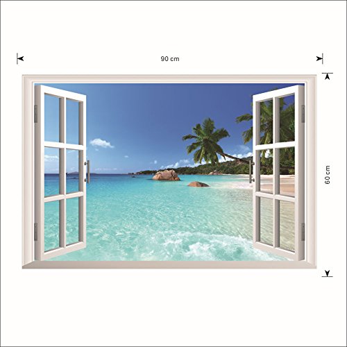 Adhesivo de vinilo para pared, mural ventana 3D de paisaje de playa para decoración del hogar