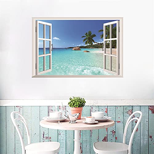 Adhesivo de vinilo para pared, mural ventana 3D de paisaje de playa para decoración del hogar