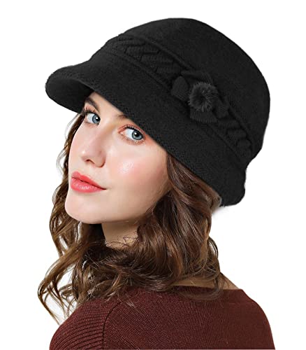 Adigaber Sombrero Invierno Tiene un cálido Forro Polar Gorros de Punto para Mujeres Vintage Moda Angola Boina con Visera