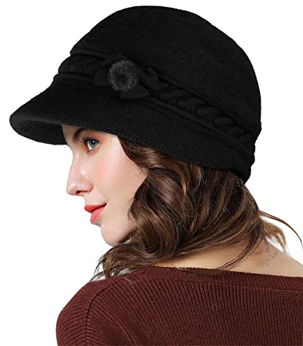 Adigaber Sombrero Invierno Tiene un cálido Forro Polar Gorros de Punto para Mujeres Vintage Moda Angola Boina con Visera