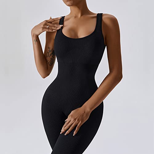 Adisputent Mono Ajustado de Yoga para Mujer Verano Sin Mangas Cuello Cuadrado Color Sólido Slim Playsuit Romper para Diario Uso Fitness(Negro,S)