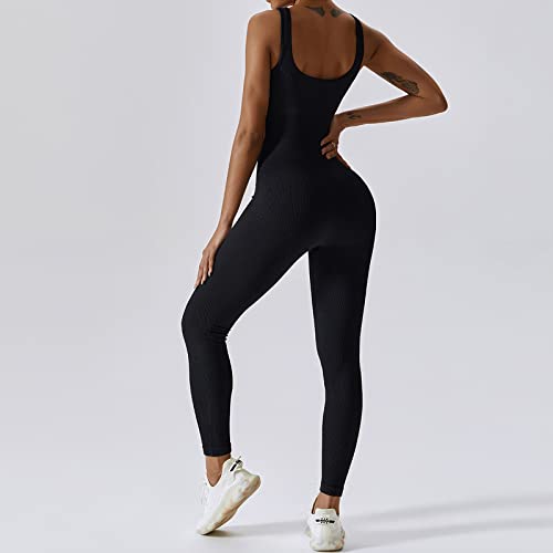 Adisputent Mono Ajustado de Yoga para Mujer Verano Sin Mangas Cuello Cuadrado Color Sólido Slim Playsuit Romper para Diario Uso Fitness(Negro,S)