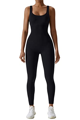 Adisputent Mono Ajustado de Yoga para Mujer Verano Sin Mangas Cuello Cuadrado Color Sólido Slim Playsuit Romper para Diario Uso Fitness(Negro,S)