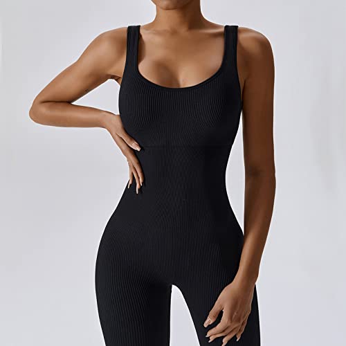 Adisputent Mono Ajustado de Yoga para Mujer Verano Sin Mangas Cuello Cuadrado Color Sólido Slim Playsuit Romper para Diario Uso Fitness(Negro,S)