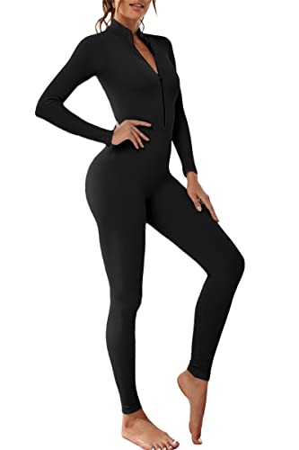 Adisputent Mono de Yoga Mujer,Ropa de una Pieza para Mujer,Traje Deportivo Elásticos con Cremallera Mono de Gimnasio Entrenamiento Fitness Running Mangas Larga Sexi Slim para Mujer(Negro,S)