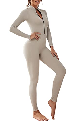 Adisputent Mono de Yoga Mujer,Ropa de una Pieza para Mujer,Traje Deportivo Elásticos con Cremallera Mono de Gimnasio Entrenamiento Fitness Running Mangas Larga Sexi Slim para Mujer(Camello,S)