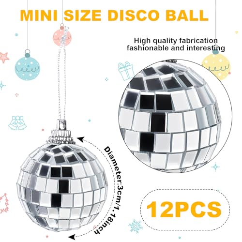 Adiwo Bolas de Espejos, 12PCS Espejos de Bola de Discoteca para Colgar, 3cm Bolas de Espejo Plata, Mini Bola Reflectante Decoración de Fiestas,Efecto de luz DJ,Decoración del Árbol de Navidad