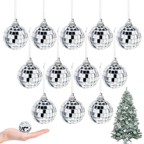 Adiwo Bolas de Espejos, 12PCS Espejos de Bola de Discoteca para Colgar, 3cm Bolas de Espejo Plata, Mini Bola Reflectante Decoración de Fiestas,Efecto de luz DJ,Decoración del Árbol de Navidad