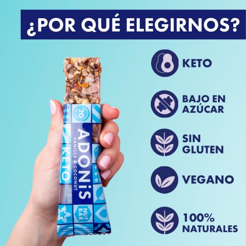 Adonis Barritas Keto Vainilla y Coco (16 barritas x 35 g) | Apto para Veganos y Dieta Keto | 100% Natural | Sin Gluten, Sin Azúcar, Sin Aceite de Palma, Sin Lácteos | Bajo en Azúcar, Bajo en Calorías