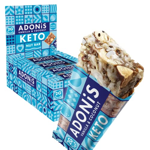 Adonis Barritas Keto Vainilla y Coco (16 barritas x 35 g) | Apto para Veganos y Dieta Keto | 100% Natural | Sin Gluten, Sin Azúcar, Sin Aceite de Palma, Sin Lácteos | Bajo en Azúcar, Bajo en Calorías