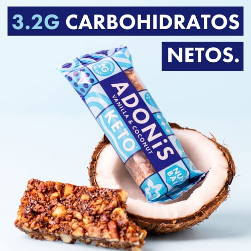 Adonis Barritas Keto Vainilla y Coco (16 barritas x 35 g) | Apto para Veganos y Dieta Keto | 100% Natural | Sin Gluten, Sin Azúcar, Sin Aceite de Palma, Sin Lácteos | Bajo en Azúcar, Bajo en Calorías