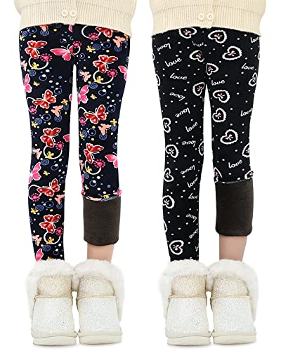 Adorel Leggins Forro Polar Termicos para Niña Pack de 2 Estampado de Lazo y Mariposa 10-11 Años (Tamaño del Fabricante 160)