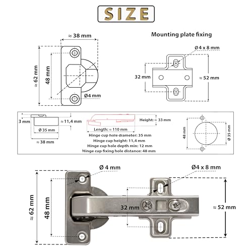 AERZETIX: 2x Bisagras de cazoleta 90° Ø35 mm con clip amortiguador para puerta de muebles de esquina C41046