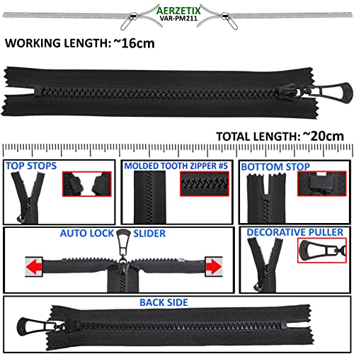 AERZETIX - C64112 - Juego de 2 Cremalleras inyectadas N°5 16cm autoblocante no separable - tirador decorativo en metal - color negro - malla cursor mercería costura chaqueta
