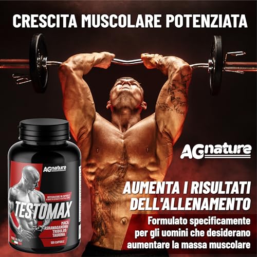 AG nature Testosterona Hombre Aumento Masa Muscular 120 Cápsulas | Suplemento Fuerte Energizante con Maca Peruana, Magnesio, Zinc y Vitamina B6