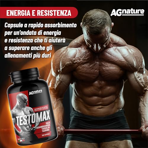 AG nature Testosterona Hombre Aumento Masa Muscular 120 Cápsulas | Suplemento Fuerte Energizante con Maca Peruana, Magnesio, Zinc y Vitamina B6