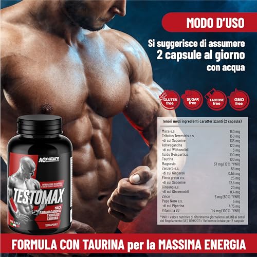 AG nature Testosterona Hombre Aumento Masa Muscular 120 Cápsulas | Suplemento Fuerte Energizante con Maca Peruana, Magnesio, Zinc y Vitamina B6