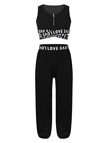 Agoky Conjunto de Deportivo para Niñas Crop Top Corto y Pantalones Largos de Cargo Holgados con Bolsillos Ropa de Baile Moderno Hiphop Negro 9-10 años