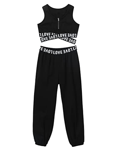 Agoky Conjunto de Deportivo para Niñas Crop Top Corto y Pantalones Largos de Cargo Holgados con Bolsillos Ropa de Baile Moderno Hiphop Negro 9-10 años