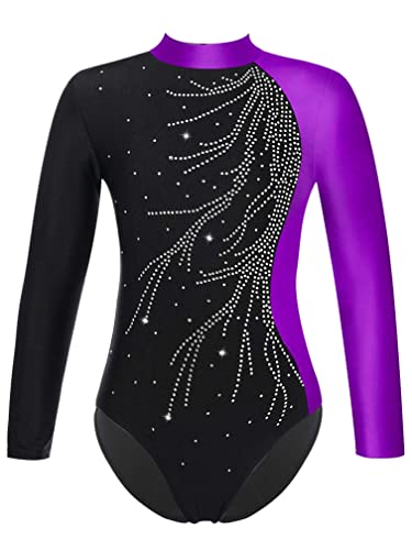 Agoky Leotardos Gimnásticos para Niña Maillot Manga Largo Mono de Brillante de Gimnasia Rítmica Competición Traje de Baile Body Clásico Elástico Morado 15-16 años