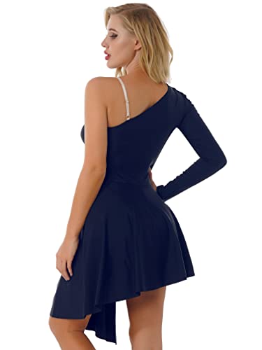 Agoky Maillot Largo de Ballet Lentejuelas para Mujer Vestido de Danza Lírica Contemporánea Leotardo de Gimnasia Patinaje con Falda Tul Dancewear Azul marino L