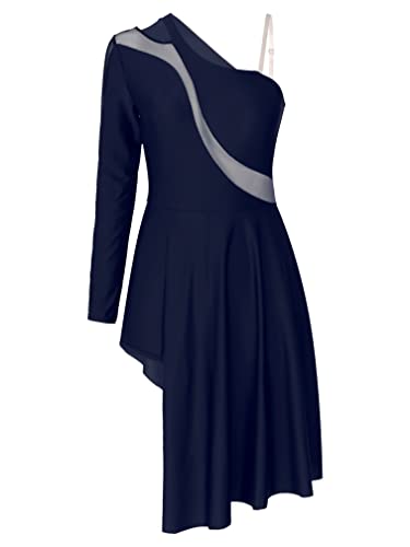 Agoky Maillot Largo de Ballet Lentejuelas para Mujer Vestido de Danza Lírica Contemporánea Leotardo de Gimnasia Patinaje con Falda Tul Dancewear Azul marino L